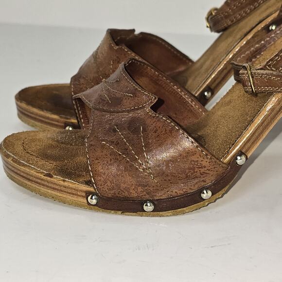 Vintage Italian Leather Wooden Heel Slingback Clog Sandals Studded Brown Size 7 - Picture 1 of 10